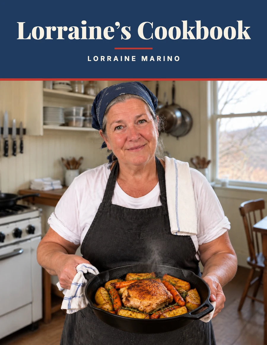 The cover of Lorraine's Cookbook, by Lorraine Marino: Lorraine in her kitchen holding a skillet of roast chicken and vegetables