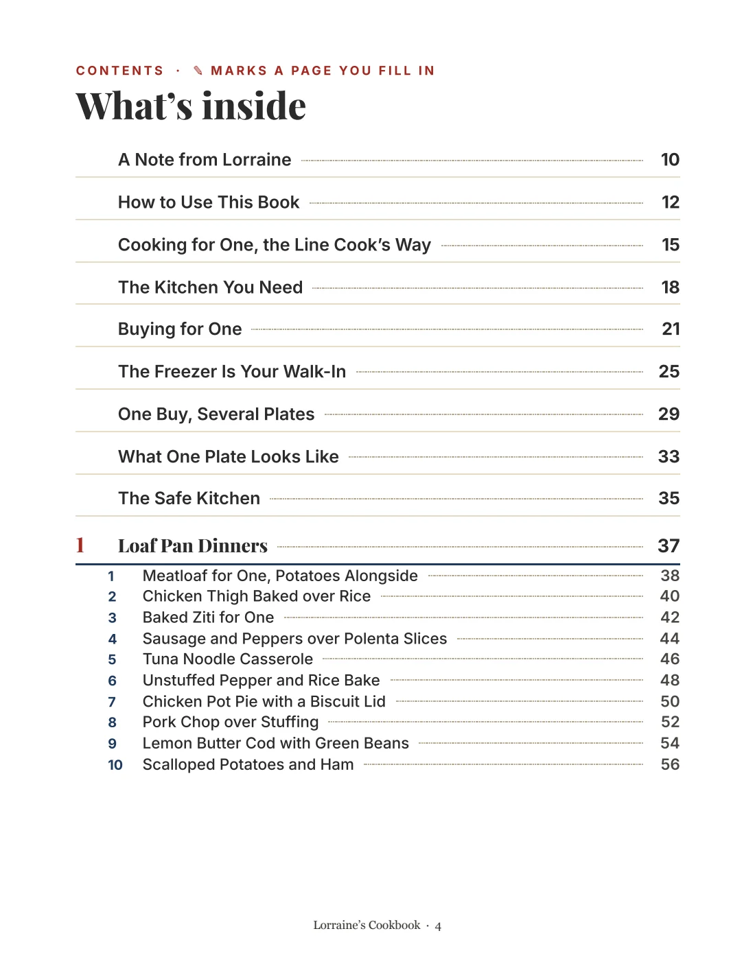 A page from Lorraine's Cookbook: the contents