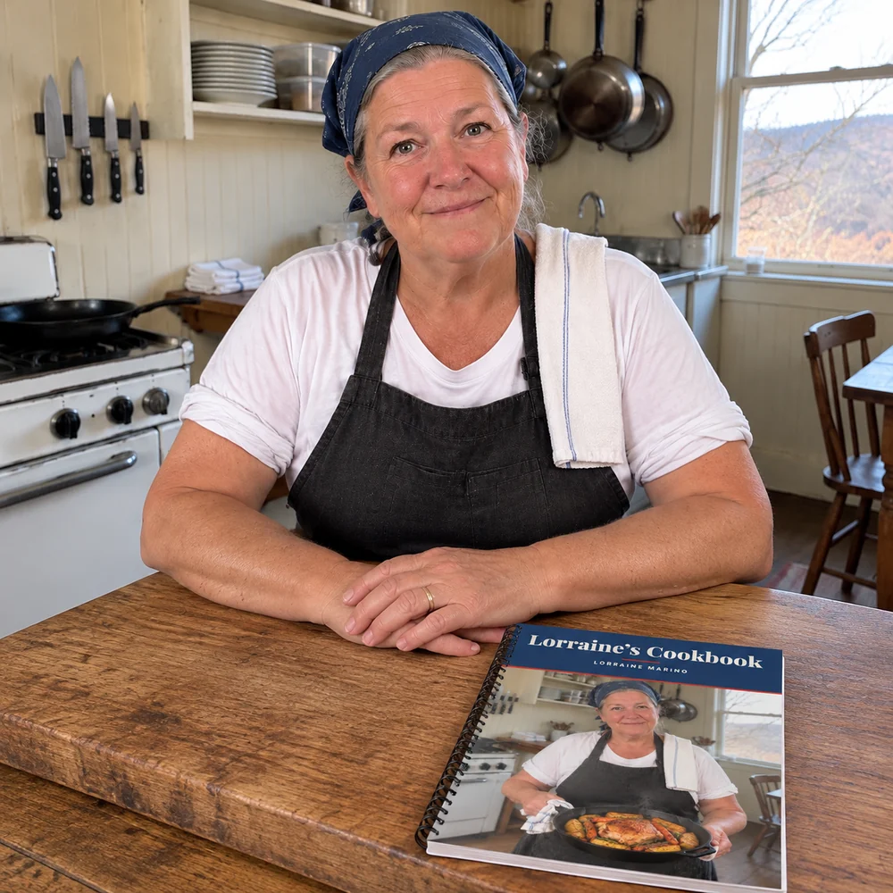 Lorraine at her kitchen table, a printed copy of Lorraine's Cookbook in front of her