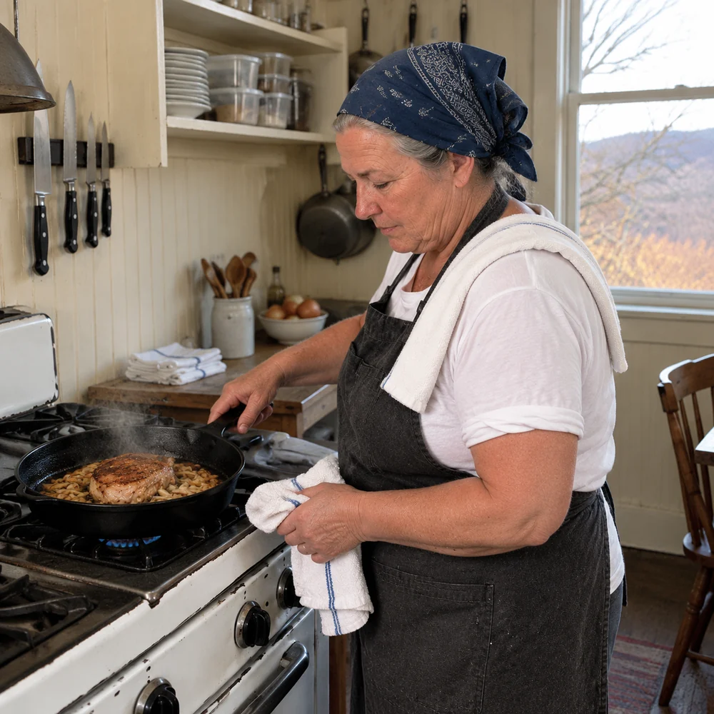 Lorraine at her white enamel range, a black steel pan on the burner