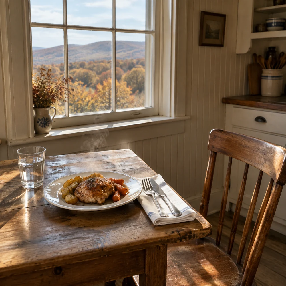 One plate set at a small kitchen table by the window, with one chair
